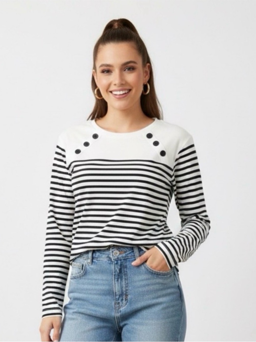 Maison Jules Cream Fitted 3/4 Sleeve Top-S